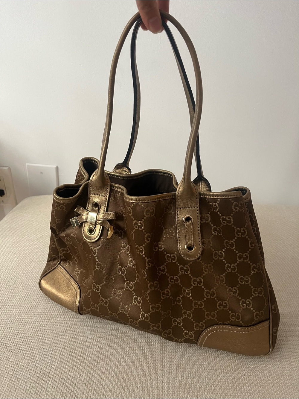 Authentic Gucci Metallic Brown GG Monogram Shoulder Bag